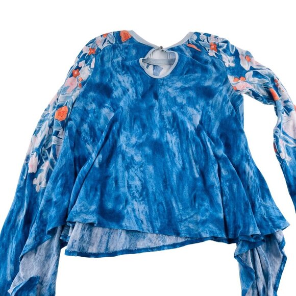 Meadow Rue XS Floral Blue Long Sleeve Asymmetrical Hem Top Womens - Picture 5 of 5